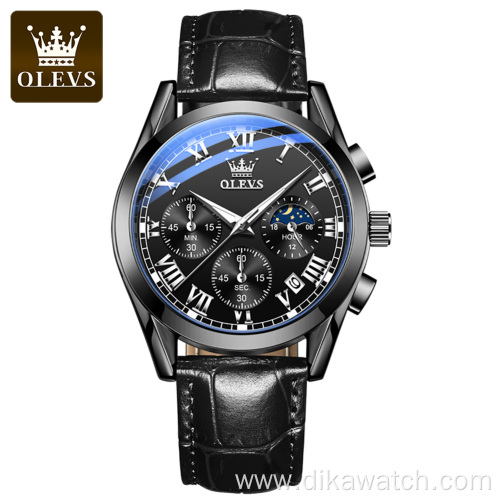 OLEVS 2871 Multifunctional Sports Watches Leather Luxury Fashion Genuine Leather Man Wristwatch Waterproof Luminous Men's Watch